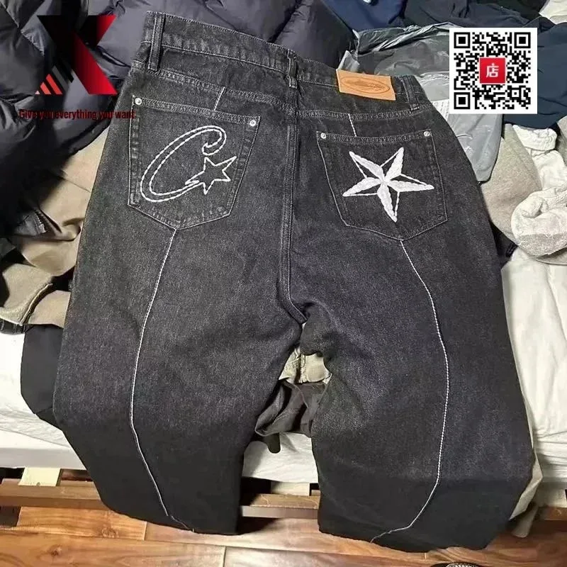 Black embroidered denim jeans product find