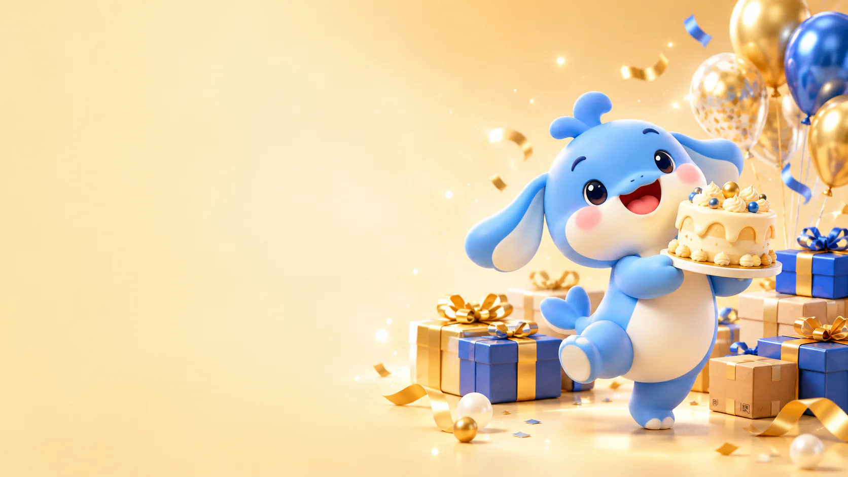 Cute blue shopping mascot celebrating with a cake and gift boxes